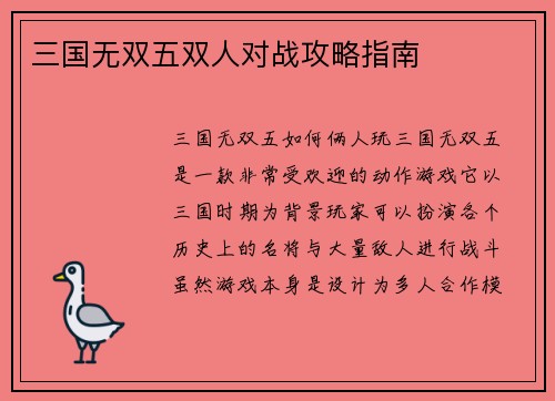 三国无双五双人对战攻略指南